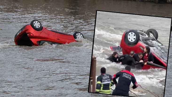 Amasya'da korkunç kaza! Anne ve kızı nehre uçtu: Ters dönen araçta kurtarma anı kamerada