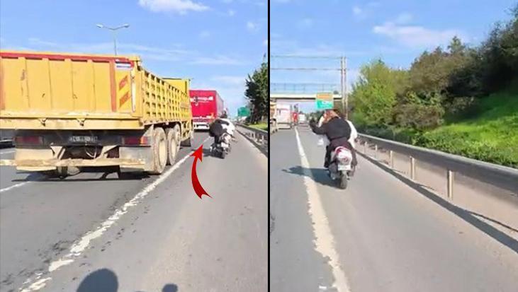 Ataşehir TEM’de motosiklet üstünde kavga! Kadını saçından çekti, kamyonun altında kalmaktan son anda kurtuldu